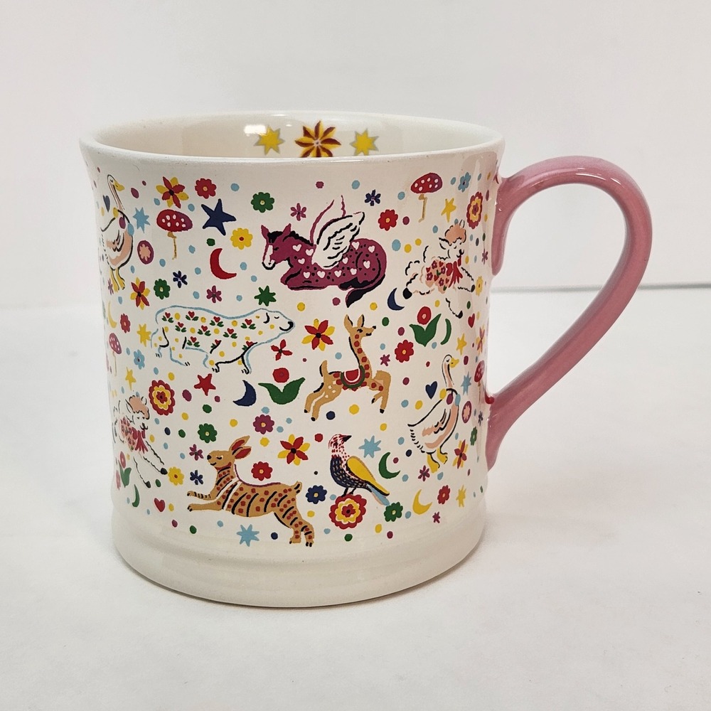 Cath Kidston London Folky Friends Coffee Mug Pink Handle Whimsical Floral Star‎